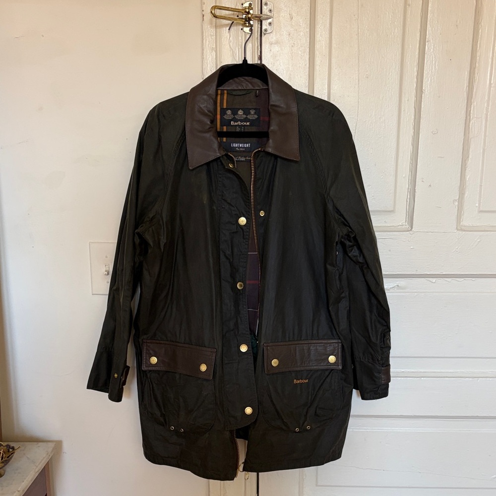 Barbour Olive Waxed Coat with Leather Trim